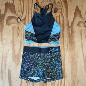 Justice sports bra size 26 (6/7) and bike shorts with 2” inseam size 6/7.